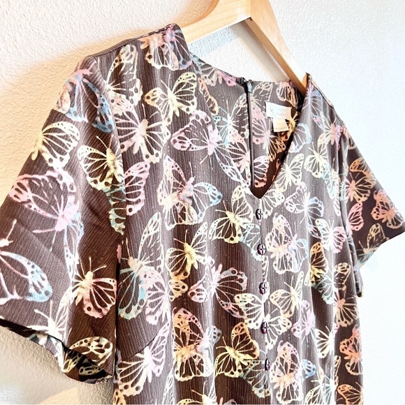 Christopher & Banks Butterfly Print Dress Size 14 Brown Pink Purple Layered Look - Picture 2 of 11